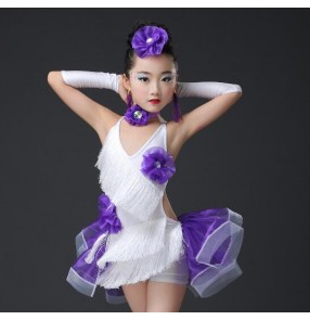 Violet purple fuchsia hot pink neon green and white patchwork fringes girls kids children performance school play  latin salsa cha cha dance dresses outfits costumes